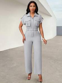 Women's Solid Color Batwing Sleeve Utility Pocket Casual Jumpsuit - Grey - View 4