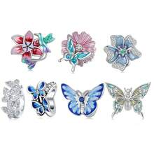 1 PC 925 Sterling Silver Flower Enamel Beads Clear Zirconia Butterfly Charms For Women Original Bracelet Fine Jewelry DIY Making - Silver - View 8