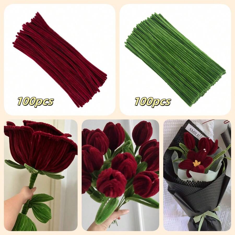 200支 Ancora 紅色手工毛絨鐵絲棒，手工花束套組，鐵絲材質，毛絨棒手工材料，彩色手工毛絨鐵絲，適用於創意手工 DIY 美術手工項目