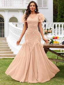 MIUSOL Đầm Maxi Dự Tiệc Tối Cổ Chữ V Tay Phồng Phối Ren Lưới Tương Phản, Viền Xếp Ly, Đầm Dự Tiệc Sang Trọng Cho Nữ, Đầm Dạ Hội Trang Trọng, Đầm Dạ Hội, Cho Khách Dự Tiệc Cưới, Tốt Nghiệp, Tiệc Tối - Rượu sâm banh - Xem 2