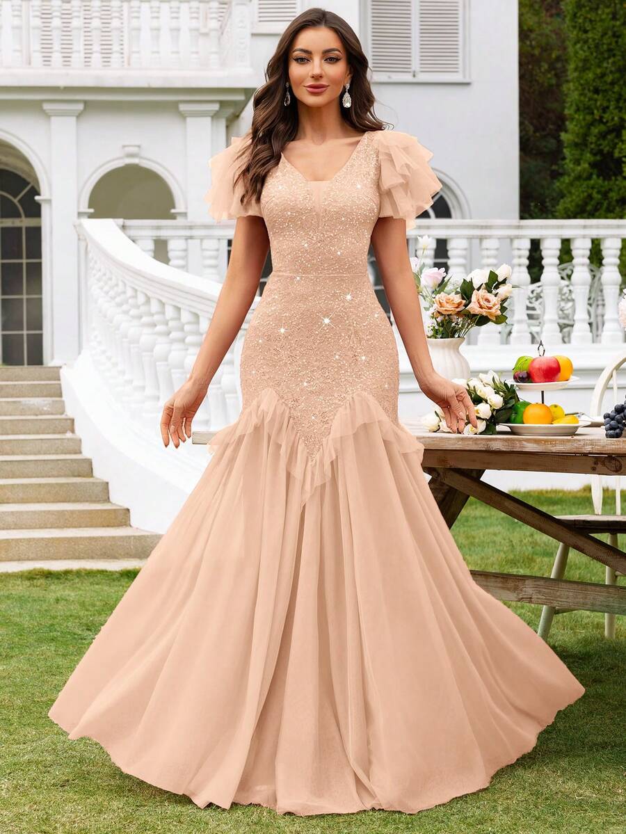 MIUSOL Đầm Maxi Dự Tiệc Tối Cổ Chữ V Tay Phồng Phối Ren Lưới Tương Phản, Viền Xếp Ly, Đầm Dự Tiệc Sang Trọng Cho Nữ, Đầm Dạ Hội Trang Trọng, Đầm Dạ Hội, Cho Khách Dự Tiệc Cưới, Tốt Nghiệp, Tiệc Tối