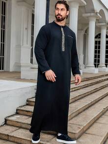 1pc Men's Casual Long Sleeve Asymmetrical Striped Collar Classic Simple Quality Polyester Fabric Solid Black Stand Collar Arab Robe - Black - View 5