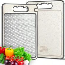 不锈钢砧板，双面切菜板带磨刀器，肉类切菜板，网格设计，导流槽，防滑硅胶边缘