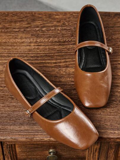 Sapatos casuais femininos de bico quadrado, marrom, cano baixo, versáteis, para escritório/exterior/festa sofisticada/casamento, primavera/verão