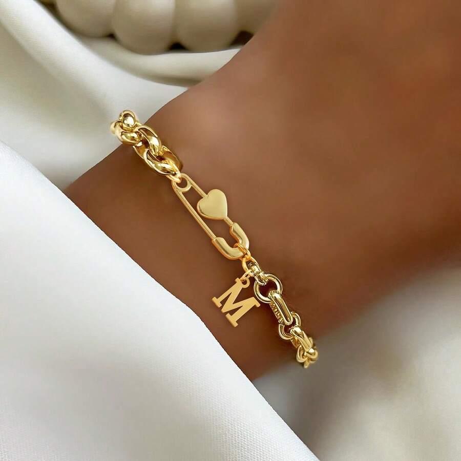 1 buah Bros Huruf Emas Klasik Baru Berbentuk Hati dengan Rantai Gelang Stainless Steel, Wanita - Yellow Gold - View 1