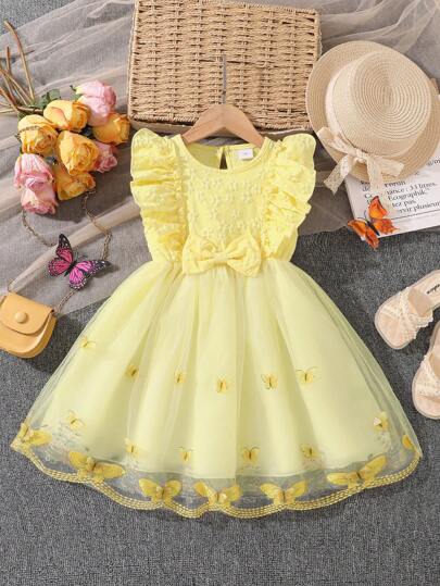 Left Mama Little Girls Cute Cap Sleeve Tulle Princess Dress, Summer
