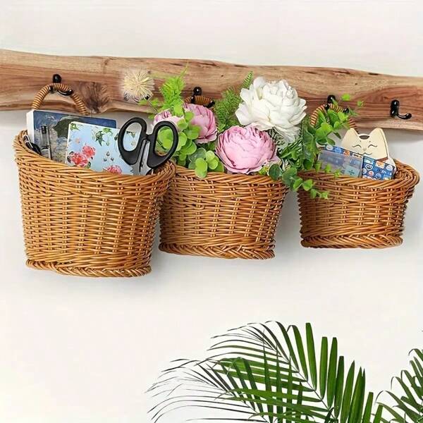 1 Set Country Style Faux Bamboo Wall Hanging Storage Basket, Plastic Woven Hanging Basket For Kitchen Ginger Garlic Fruits Flowers, Multi-Purpose Wall Mount Organizer Container, Home Kitchen Shelving Basket