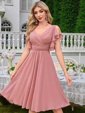 Chiffon minimalistische sexy Enges Kleid mit tiefem V-Ausschnitt für Party, Hochzeit, Hochzeitsgast, Abschlussball