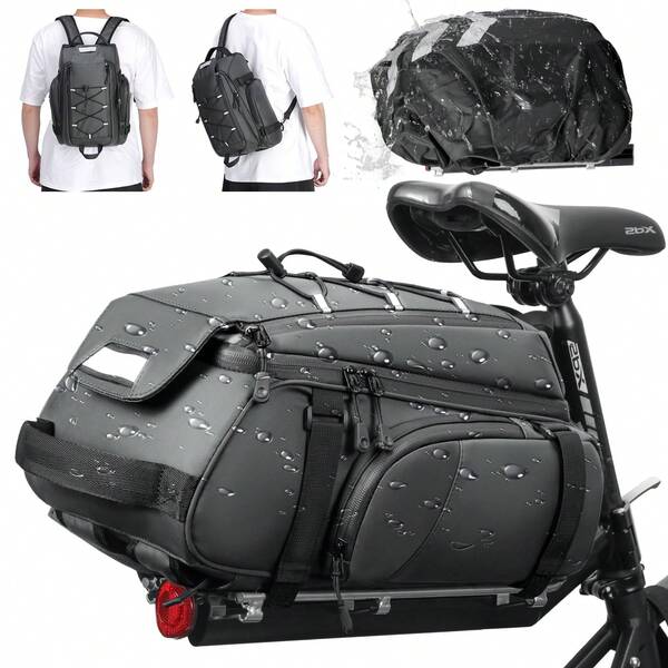Bolsas para bicicleta para el portaequipajes trasero de 15 L, impermeable, bolsa de baúl para bicicleta eléctrica, alforja de sillín con cubierta de lluvia, accesorios para bicicleta, mochila bolso de hombro para ir al trabajo, viajes y actividades al aire libre