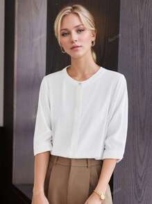 White 3/4 Sleeve Shirt For Women, Slim Fit, Thin, Round Neck Blouse Top, New Collection 2025 Summer