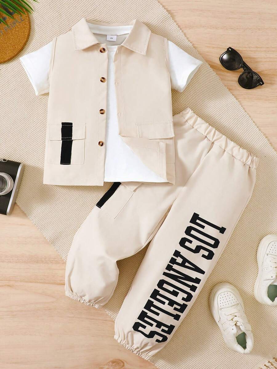 BrownBark Set de 3 piezas de ropa casual versátil para niños pequeños - Camiseta de manga corta de unicolor + Chaqueta sin mangas + Pantalones cargo casuales