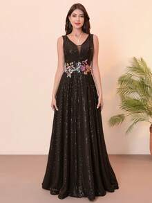 Women's Sequin A-Line V Neck Embroidery Gown Sleeveless Party Dresses Appliques Long Evening Gown, Formal, For Wedding Guest - Black - View 6