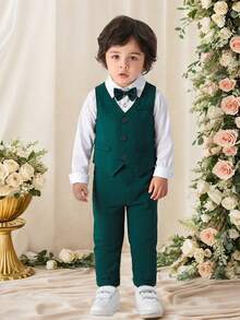 BOARNSEORL 3 件套年轻男孩绅士服装 - 长袖白衬衫配领结、背心和裤子，时尚，适合生日派对、婚礼、洗礼 - 綠色 - 查看 8