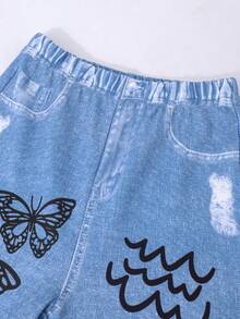 Mädchen Lässig Set aus einfarbigem T-Shirt und Hose mit Denim-Optik und Blumen-Muster, Frühling/Sommer Set