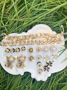 Set de 20 piezas Decoración con cadena de oso dorado de rhinestone completo para zapatos de jardín DIY, accesorios extraíbles para sandalias/pantuflas de estilo campus, adecuado para todas las temporadas y regalos festivos