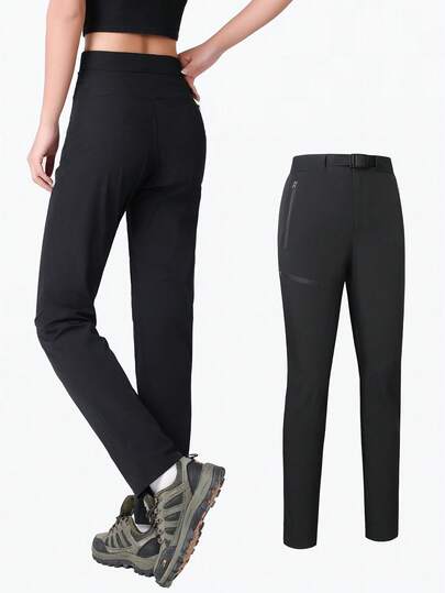 Women's Outdoor Cargo Pants, Lightweight Tactical Hiking Trousers With 4 Zipper Pockets, Suitable For Outdoor Exercises, Fishing, Camping, Comes With Belt, Black