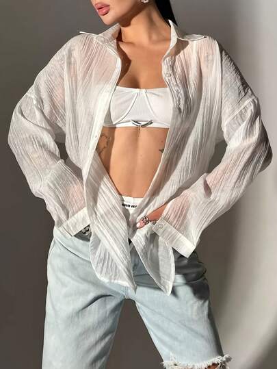 女士春夏时尚休闲半透明衬衫