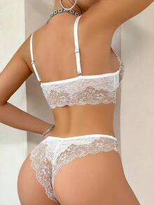 Women Lace Patchwork Lingerie Bra And Panty Set With Underwire - White - View 4