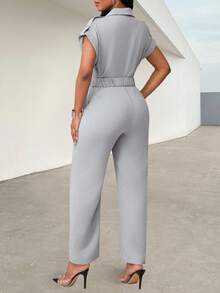 Women's Solid Color Batwing Sleeve Utility Pocket Casual Jumpsuit - Grey - View 2