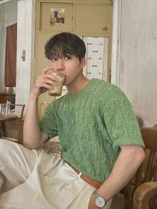 男士短袖T恤新款夏季轻薄简约风青年休闲透气圆领针织上衣 - 綠色 - 查看 5