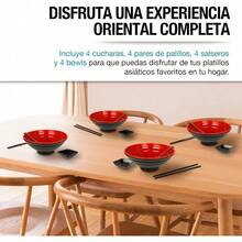 Vajilla de Melamina Estilo Japonés . Incluye: Plato Palillos Reutilizables, Salsero y Cuchara Comida China, Asiática y Ramen - Negro - Ver 3