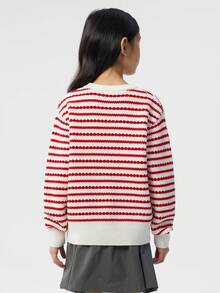 Balabala Young Girl Tween Girls' Long Sleeve Sweet Knit Sweater, Stylish Spring Stripe Casual Sweaters - White Red - View 2