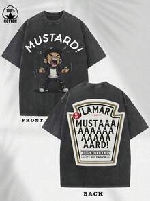 230G Double-Sided Washed, Mustard Printed T-Shirt, High-Quality Wax Printed Cotton Vintage Fashion Brand T-Shirt, Suitable For Summer T-Shirts With A Certain Thickness, Holiday Gift - 黑色 - 查看 1
