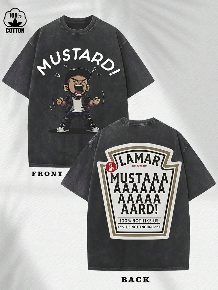 230G Double-Sided Washed, Mustard Printed T-Shirt, High-Quality Wax Printed Cotton Vintage Fashion Brand T-Shirt, Suitable For Summer T-Shirts With A Certain Thickness, Holiday Gift - 黑色 - 查看 1