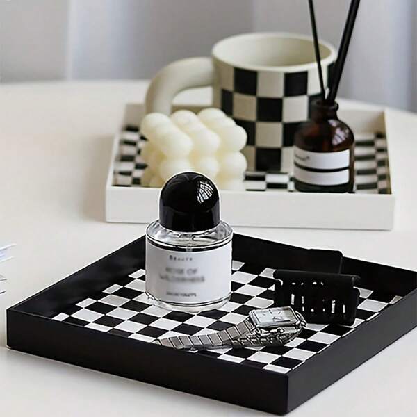 1pc Black And White Lattice Decorative Tray, Cosmetics Storage Box, Used For Perfume And Jewelry, Classic Fashion Design Durable Material, Jewelry Storage Tray, Tray