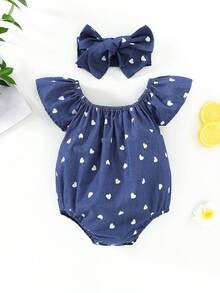 1-18个月女婴无袖牛仔色爱心印花连体衣和发带套装