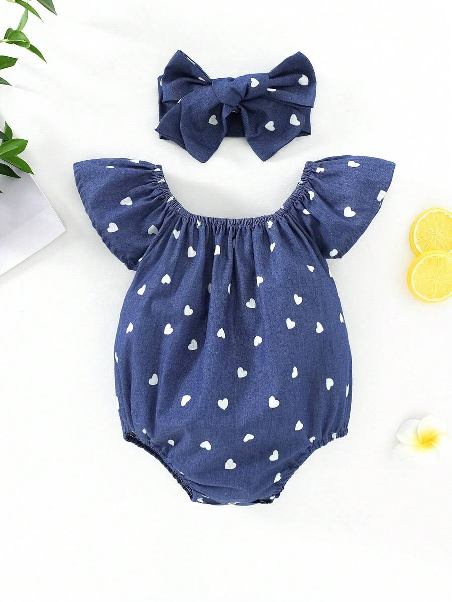 1-18个月女婴无袖牛仔色爱心印花连体衣和发带套装