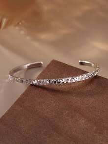 1pc Genuine 925 Sterling Silver Bangle Bracelet Rhodium Plated 5.5/6.5 Cm Inner Diameter Two Size Selection Hammered Texture Minimalism Style Dainty Jewelry Hand Accessory Suitable For Man & Women Daily Wearing, Party, Festival - Silver - View 4