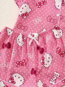 Conjunto de pijama autorizado de Sanrio, 2 piezas, con parte superior de manga corta con cuello en V y botones, estampado de Hello Kitty, y pantalón con lazo, set de pijama de verano, cómodo para uso en casa