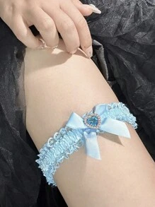 1pc Blue Lace Elastic Garter, Butterfly & Crystal Heart Decor Thigh Chain, Bridal Garter