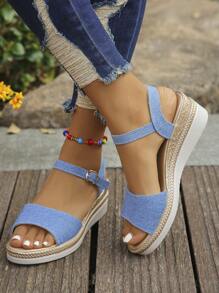 Neue Mode Sommer Rückenriemen weiß Mutter einfach bequem Frauen Plateau-Keil-Sandalen, gewebter blauer Denim Schwarz Sohle