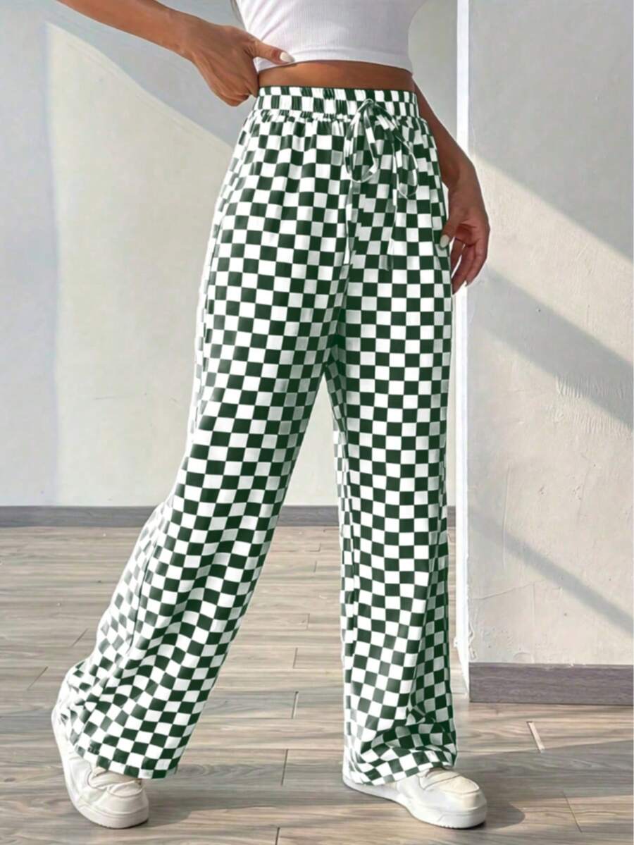 Plaid Print Casual Loose Drawstring Wide Leg Pants Spring - Dark Green - View 1