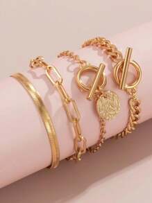 4pcs/Set Punk Metal Style Hollow Chain & Disc Pendant Bracelet (Special Material, Avoid Contact With Water)