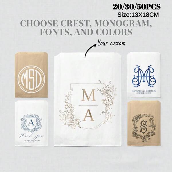 Bolsa personalizada, bolsas de favor con monograma impreso - Elige tu monograma, tipos de letra y colores. Bolsas de papel de favor personalizadas y personalizadas Jawerly para bodas 0073