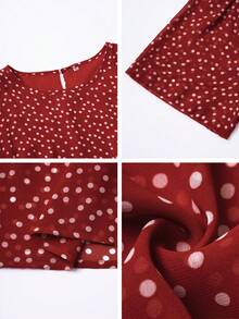 PoPoHouse 女士优雅气质圆领波点印花短袖收腰连衣裙，春夏连衣裙，女士度假装，沙滩裙 - 酒紅色 - 查看 7
