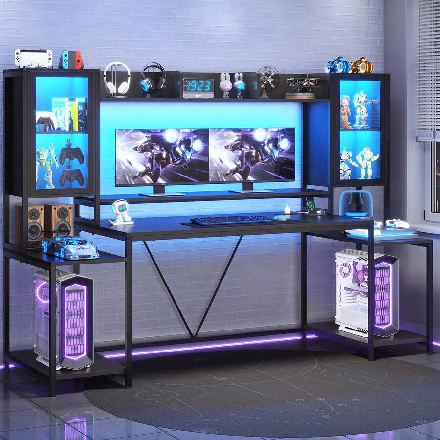 Escritorio Gamer Para Pc 190cm Con Luces, Enchufes, Estantes - Negro - Ver 1