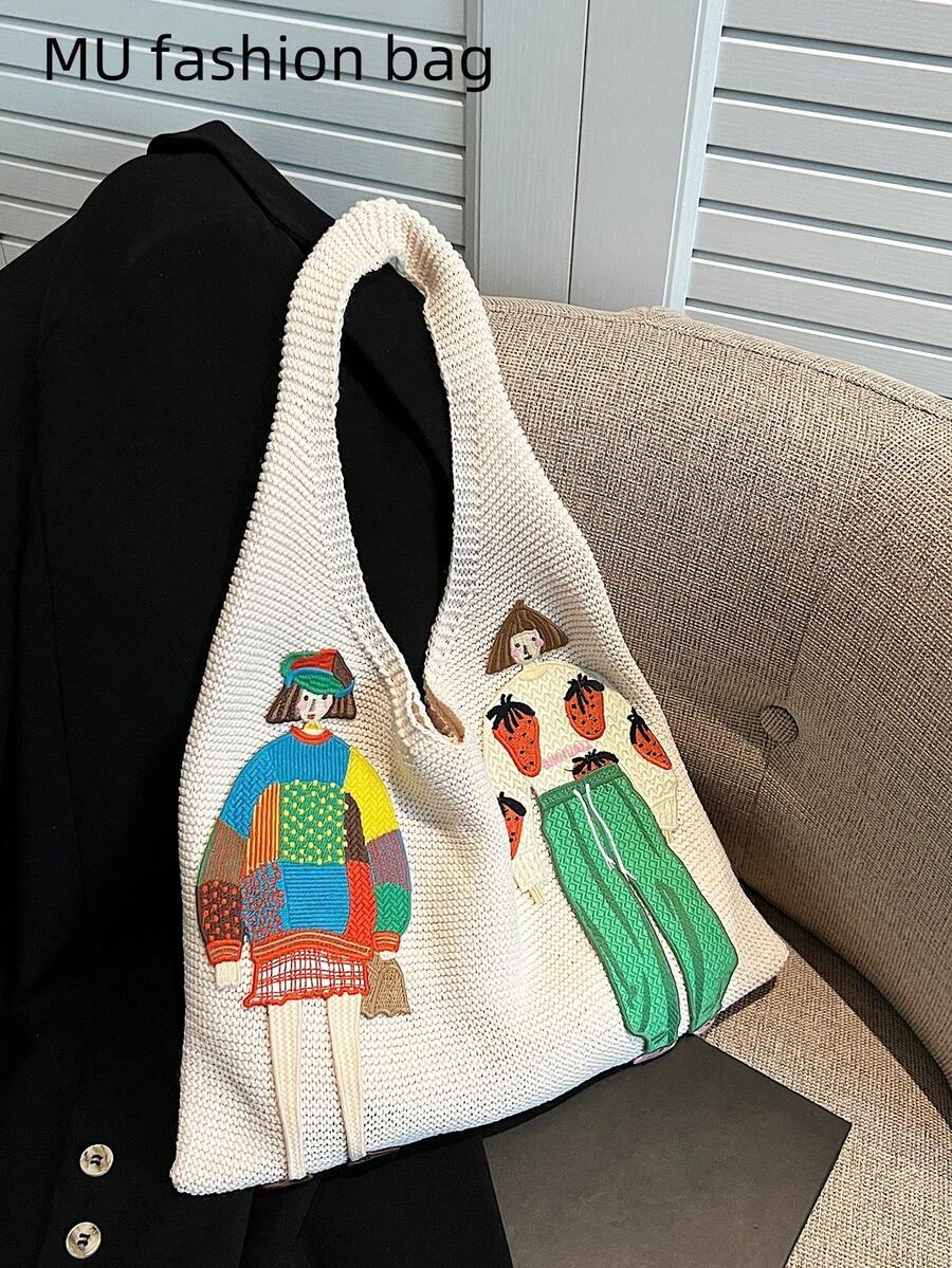 Stylish New Design Women's Bag Country Style Woven Shoulder Underarm Bag Large Capacity New Model Women's Knitted Handbag Large Capacity Outdoor Casual Commuter Tote Bag - White - View 1