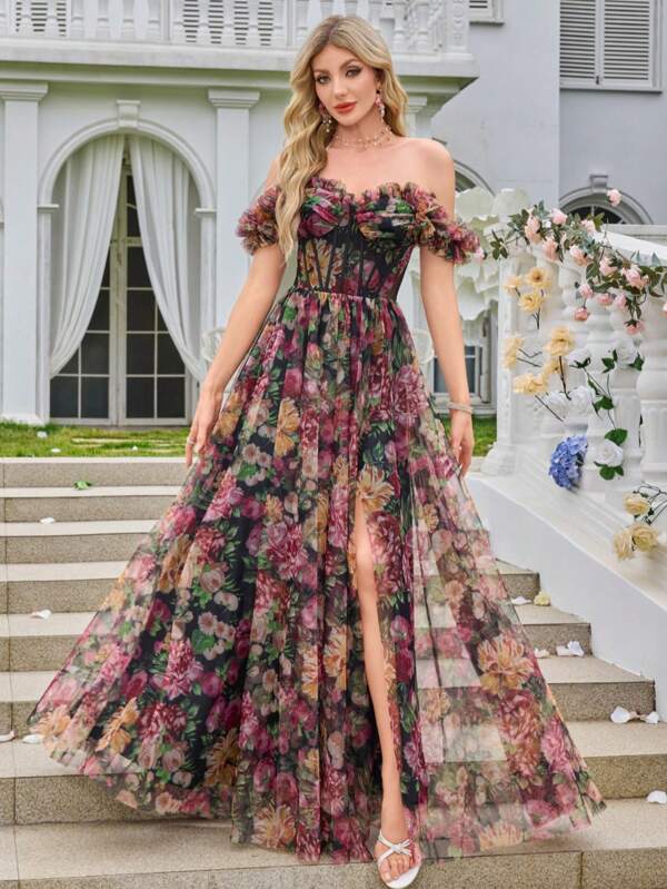 Kexmon Elegant Romantic Handmade Flower Decor Off Shoulder Mesh Floral Dress With Slit, Heavy Work Lady's Formal Party Evening Gown Wedding Guest Dress Prom Dress