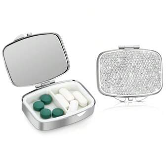 1 pièce Boîte à pilules carrée avec strass, deux fois par jour, avec miroir, boîte de rangement compact pour médicaments avec commutateur mécanique