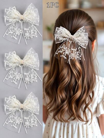 1/2pcs Girls Lace Bow Hair Clips, Elegant Hair Accessories, Suitable For Girls Wedding Party, Cute Floral Print Bow Hair Clips, Delicate Faux Pearl Hair Clips, Suitable For Daily And Holiday Wear, Hair Decorations