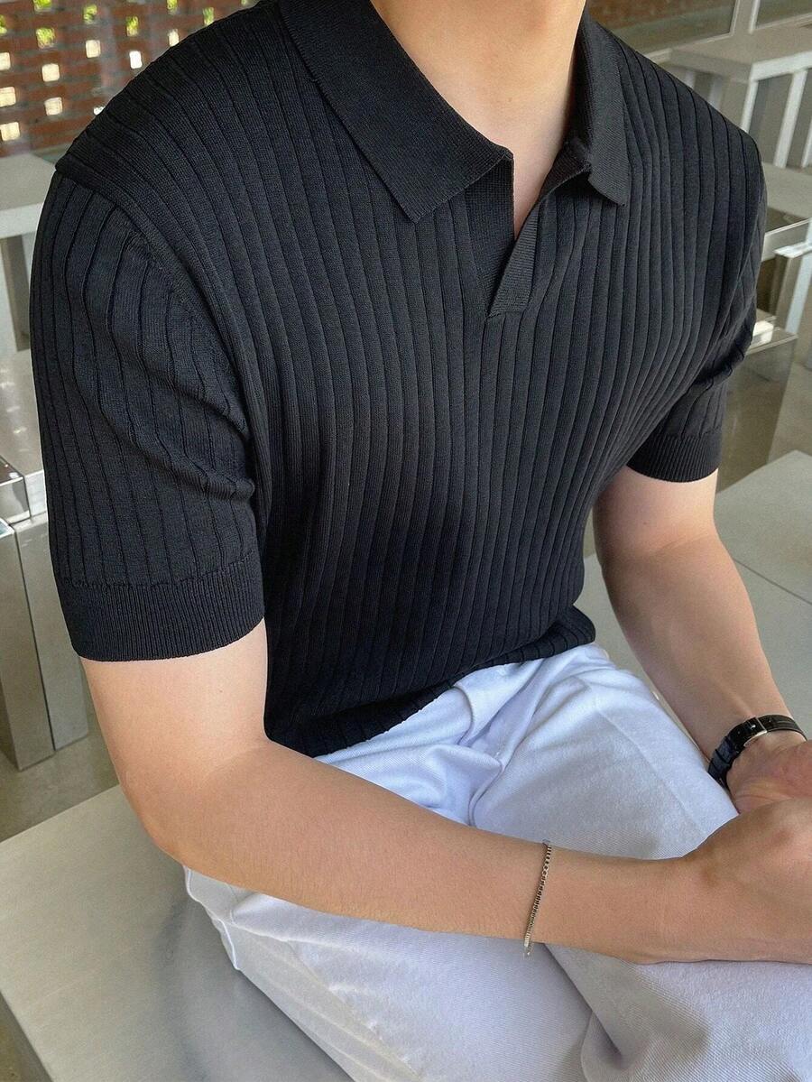 ALTZTAR 男士宽松薄款罗纹短袖 Polo 衫 - 黑色 - 查看 1