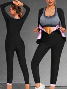 3 w 1 Sauna Dres Sportowy Trener Talii Dla Kobiet Kontrola Brzucha, Pełne Ciało Modelujące Spodnie Wyszczuplające Spodnie Dresowe Pas Leginsy Gorset Długi Rękaw Kombinezon Treningowy Damskie Zestawy Akcesoria Do Siłowni