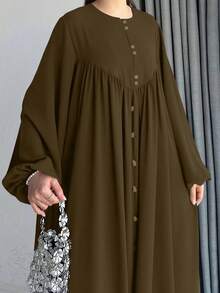 Women's Elegant Fairy Style Single-Breasted Lantern Sleeve Long Dress, Arabian Style, Spring - Coffee Brown - View 2