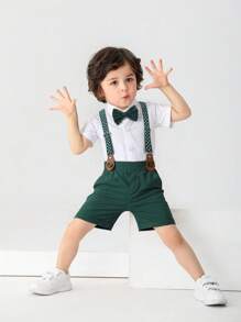 Junger Jungen Gentleman 2 Stück/set Kurzarmhemd Mit Umgedrehtem Kragen, Fliege Und Hosenträger Shorts, Perfekt Für Geburtstagsparty, Hochzeit, Show, Bankett, Usw.