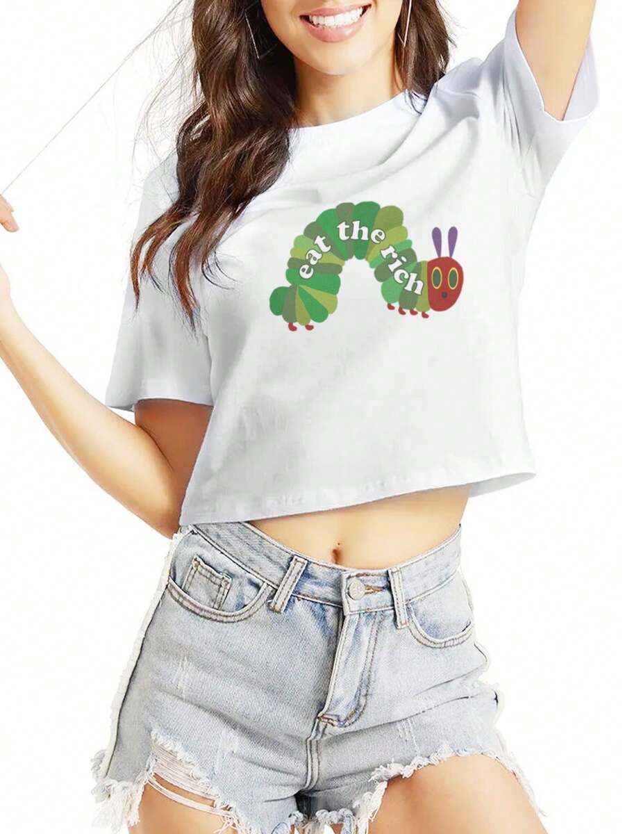 Crop Top Eat The Rich Hungry Caterpillar Shirt Unisex,Hungry Caterpillar Shirt,Anti Tshirt,Leftist Movement,Liberal Shirt,Women Rights ShirtCrop T-Shirt Short Tee For Women, Soft And Breathable , Perfect For Holiday Parties & Gift - Black - View 1