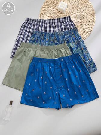 4条装男士内裤印花格子内裤和舒适芦荟裤